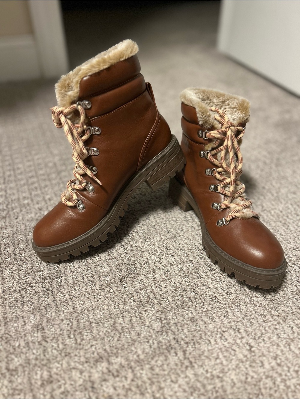 Faux-Fur Trim Red-Brown Lace-Up Women's Boot